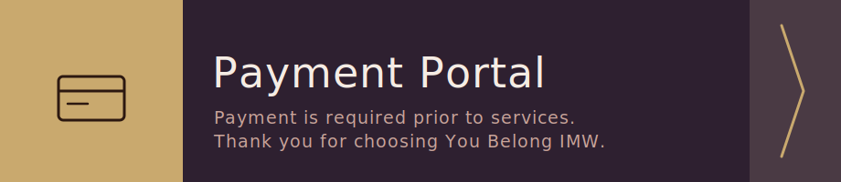 Payment portal webpage with a card icon on the left, dark purple background, and text about payment being required prior to services.