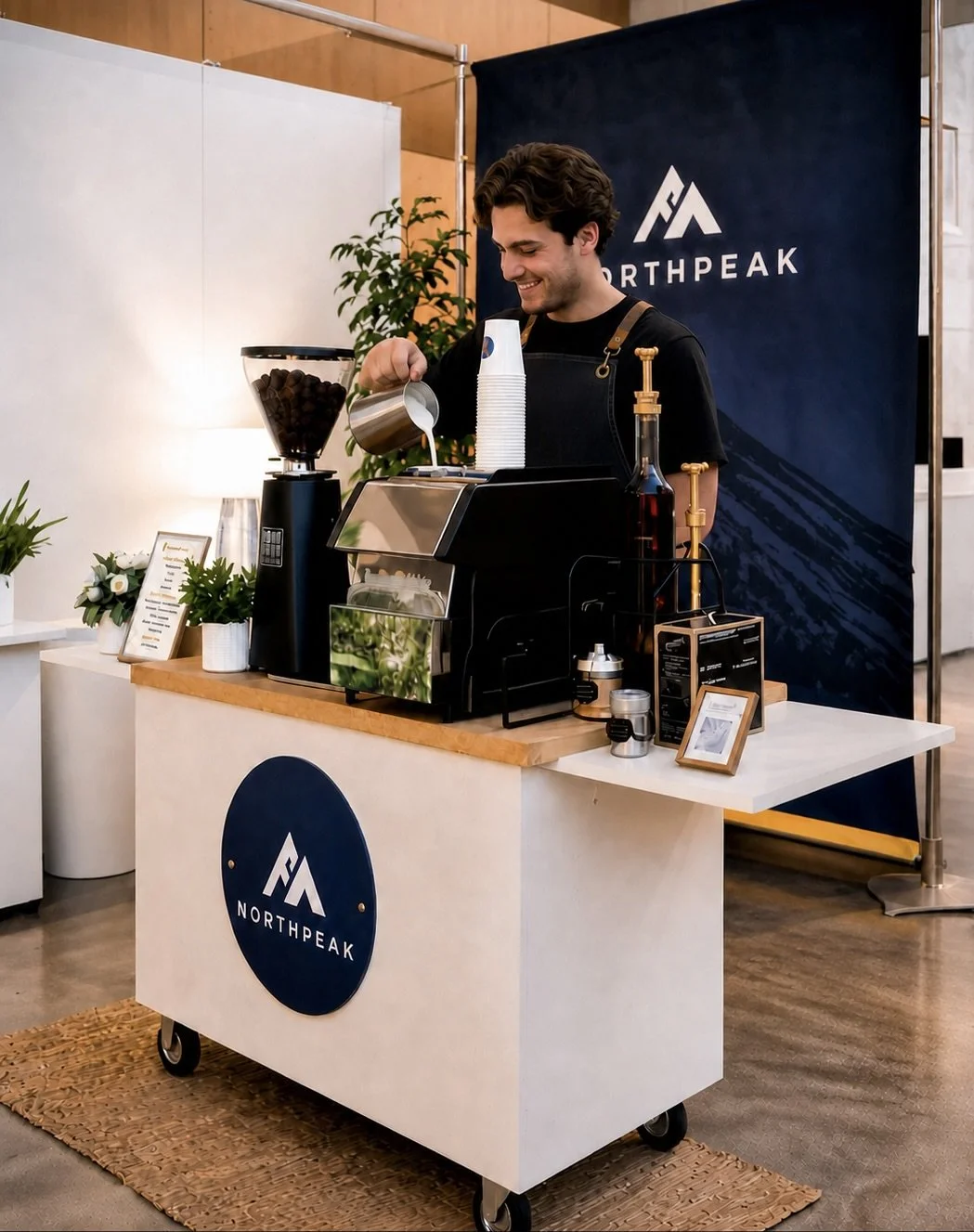 A barista preparing coffee at a Northpeak coffee cart with a smile. The cart has a coffee grinder and espresso machine, with cups stacked nearby. There are plants and framed photos on the white counter, and a Northpeak banner behind the barista.
