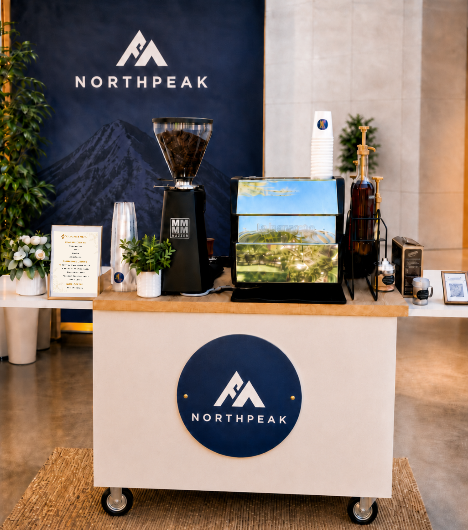 A coffee station at Northpeak with a coffee grinder, cups, and ingredients, set up behind a counter with Northpeak logo, in a modern interior with plants.