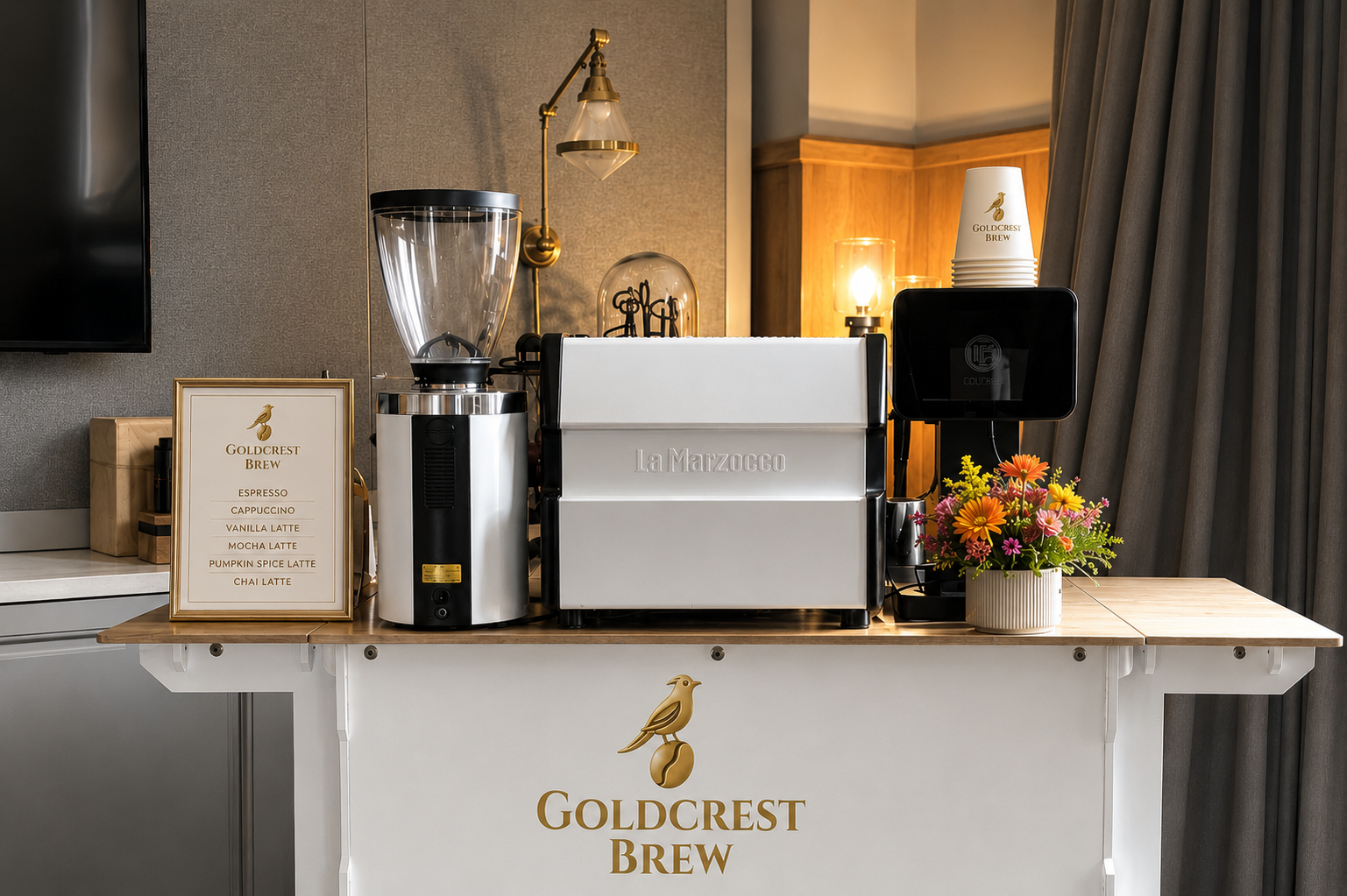 Goldcrest Brew espresso cart setup for indoor Bay Area event