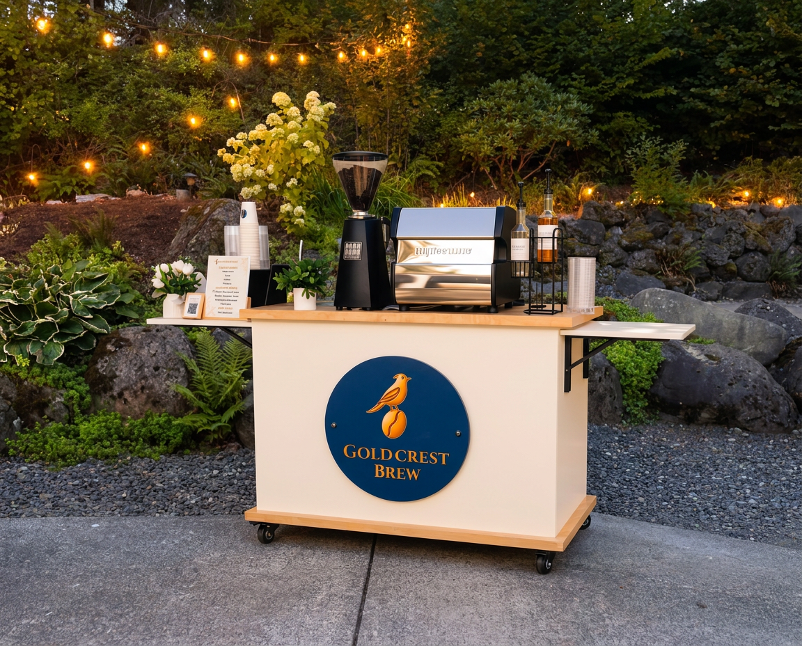 Goldcrest Brew mobile coffee cart and espresso bar ready to serve guests at a Bay Area event