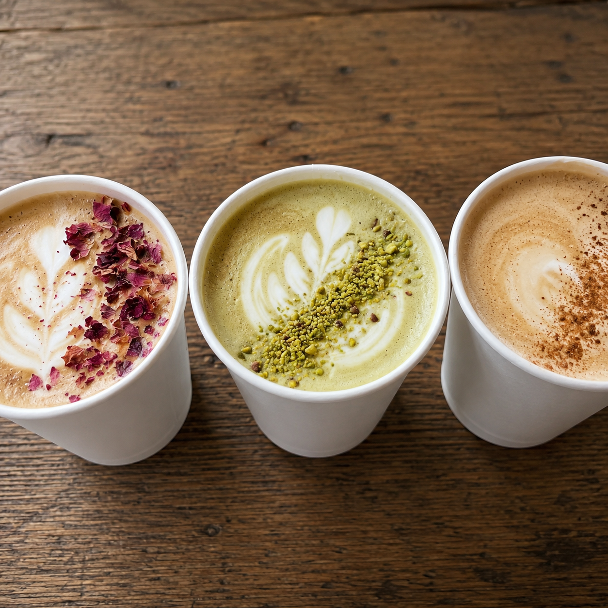 Goldcrest Brew signature rose latte, pistachio latte and spanish latte at a Bay Area event