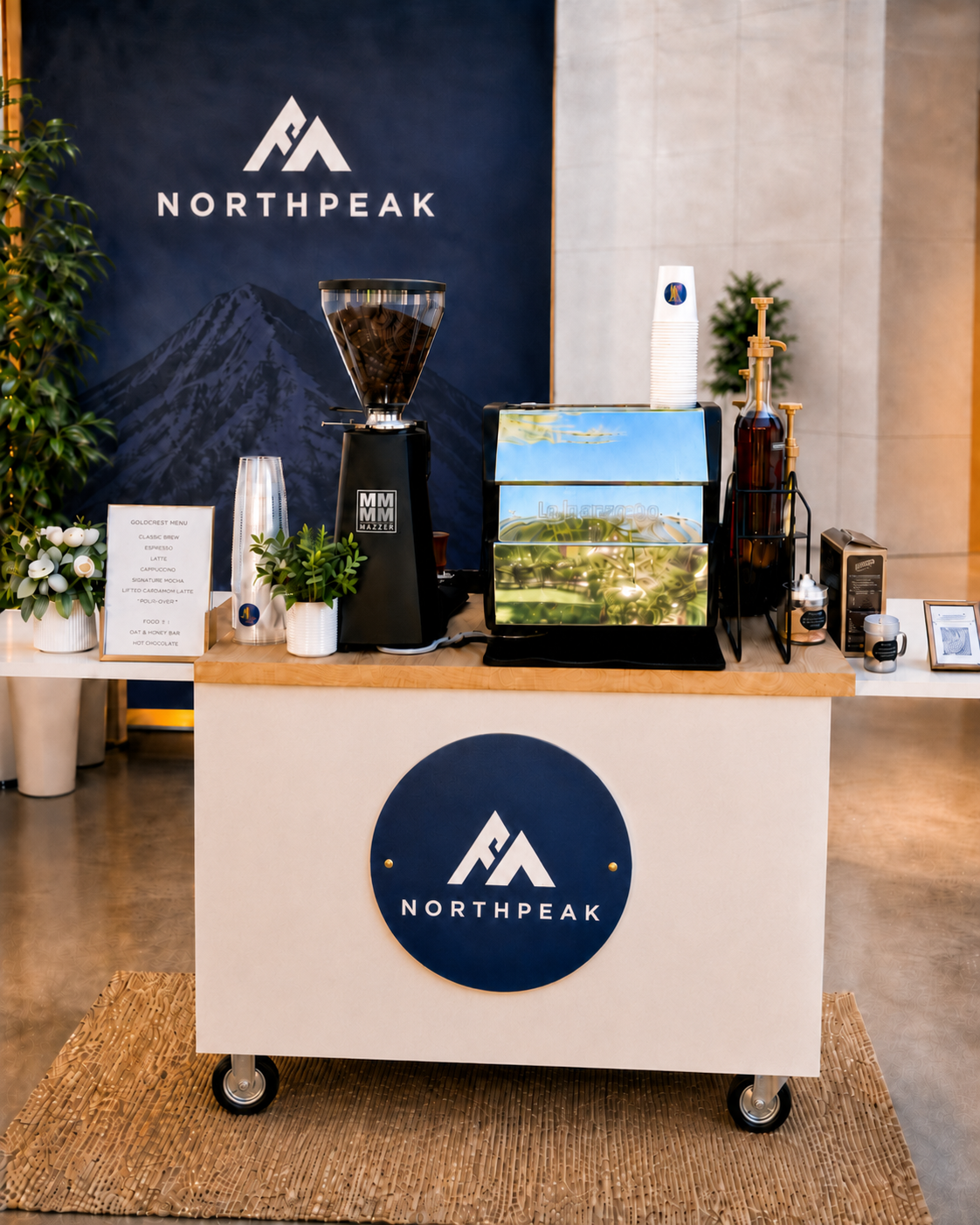 A coffee and beverage station at Northpeak, featuring a coffee grinder, an espresso machine, and bottled syrups, with plants and a menu sign on the counter.
