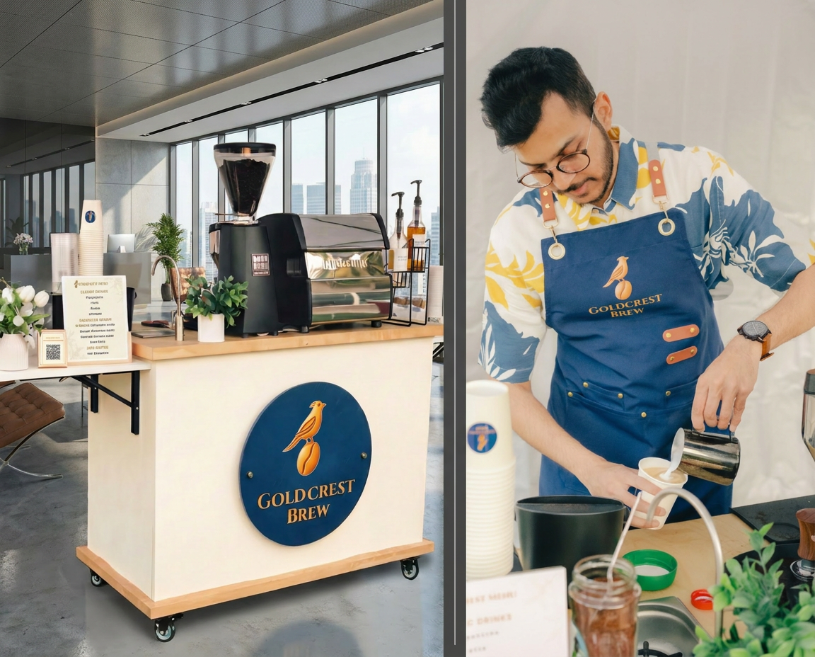 A coffee stand with a coffee machine and a menu, inside a modern office building with large windows. A barista in a blue apron is pouring steamed milk into a cup of coffee.