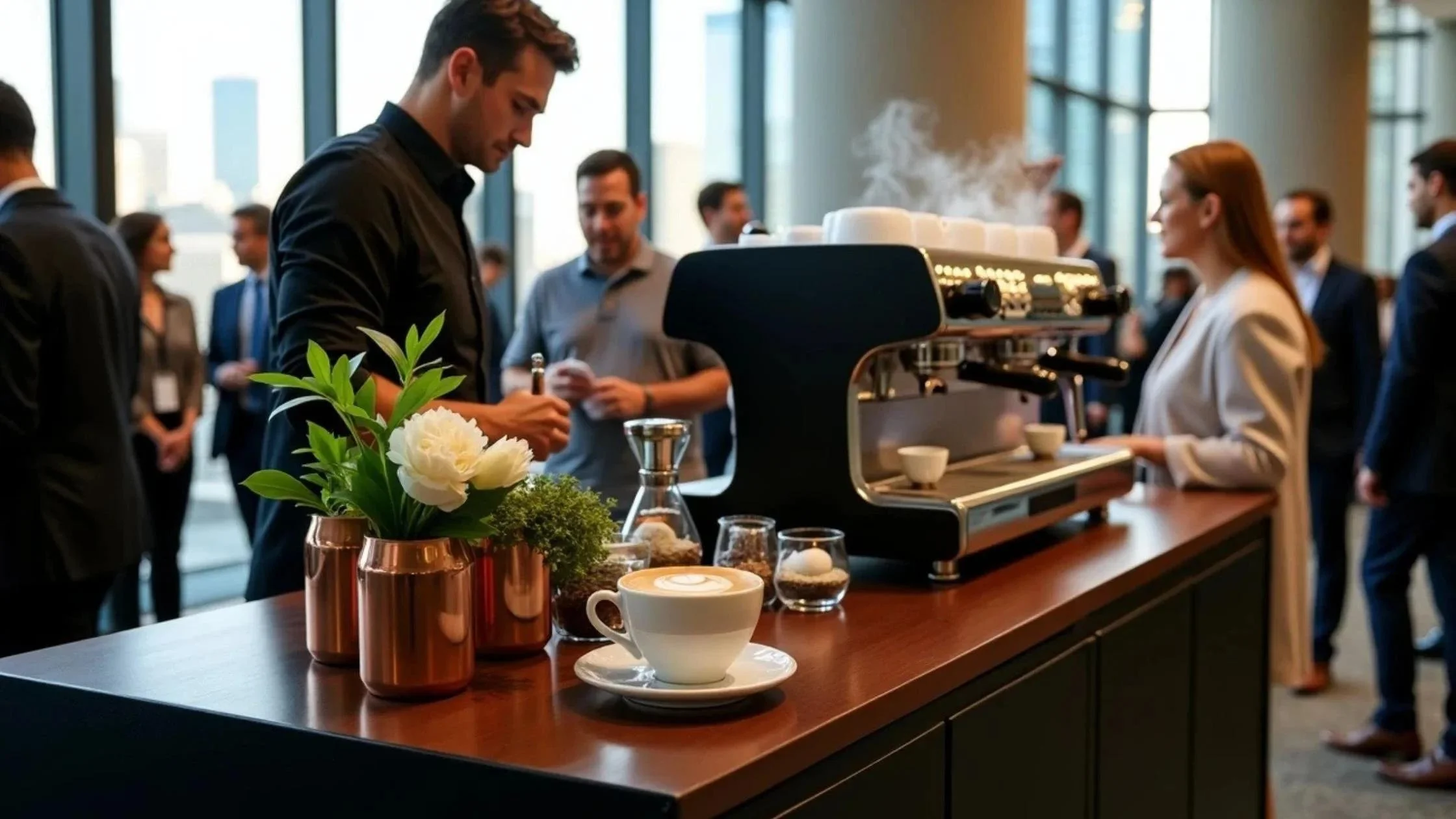 Professional barista preparing specialty espresso  drinks at a corporate event and office gatherings in the Bay Area