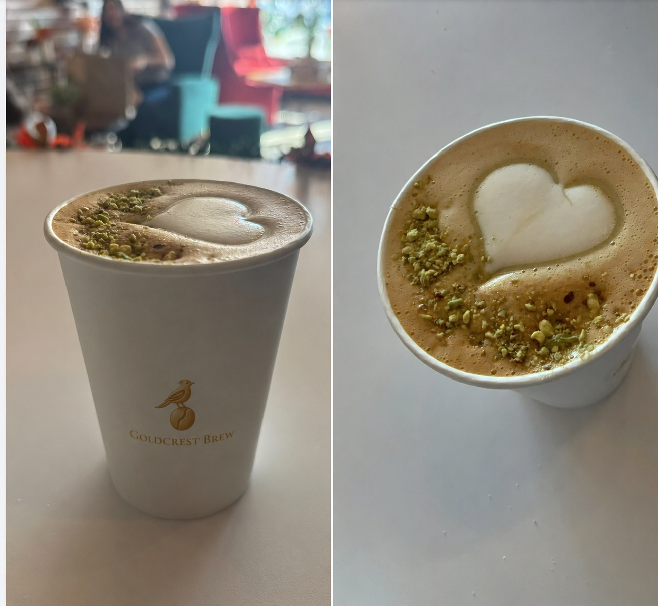 Signature pistachio latte served by Goldcrest Brew coffee cart with signature latte art