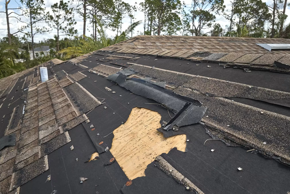 Roof with missing shingles and damaged underlayment, indicating recent storm or wear.