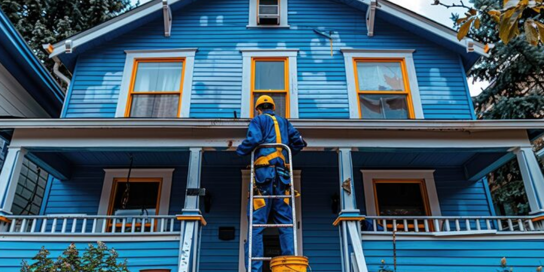 A worker in a yellow helmet and blue safety suit standing on a ladder painting the exterior of a two-story house blue with yellow trim.
