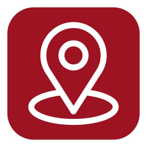 Red app icon with a white location pin on top of a circular base.