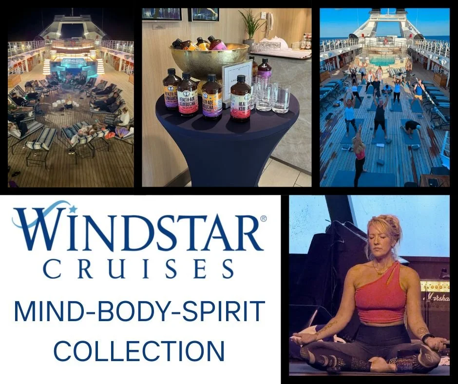 A collage of five images promoting Windstar Cruises' Mind-Body-Spirit Collection. The top left and right images show yoga classes on a cruise ship deck at sunset. The center top image displays essential oils and wellness products on a table. The bottom right image shows a woman meditating in a yoga pose. The bottom left features the Windstar Cruises logo and collection name.