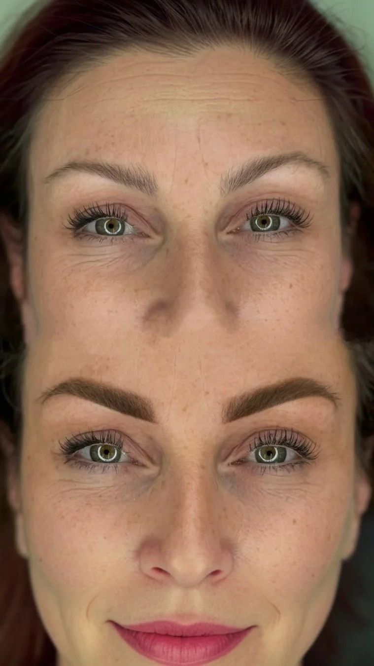 Powder brows before and after enhancing natural brow shape with soft shading and balanced definition
