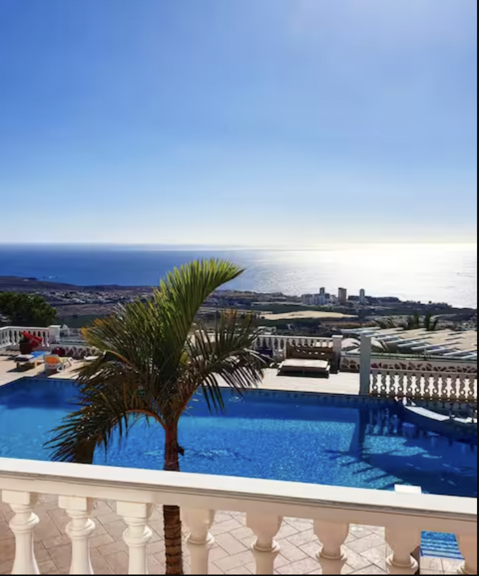 View of a swimming pool with a palm tree in the foreground, overlooking a coastal landscape with the ocean, buildings, and a bright sky.