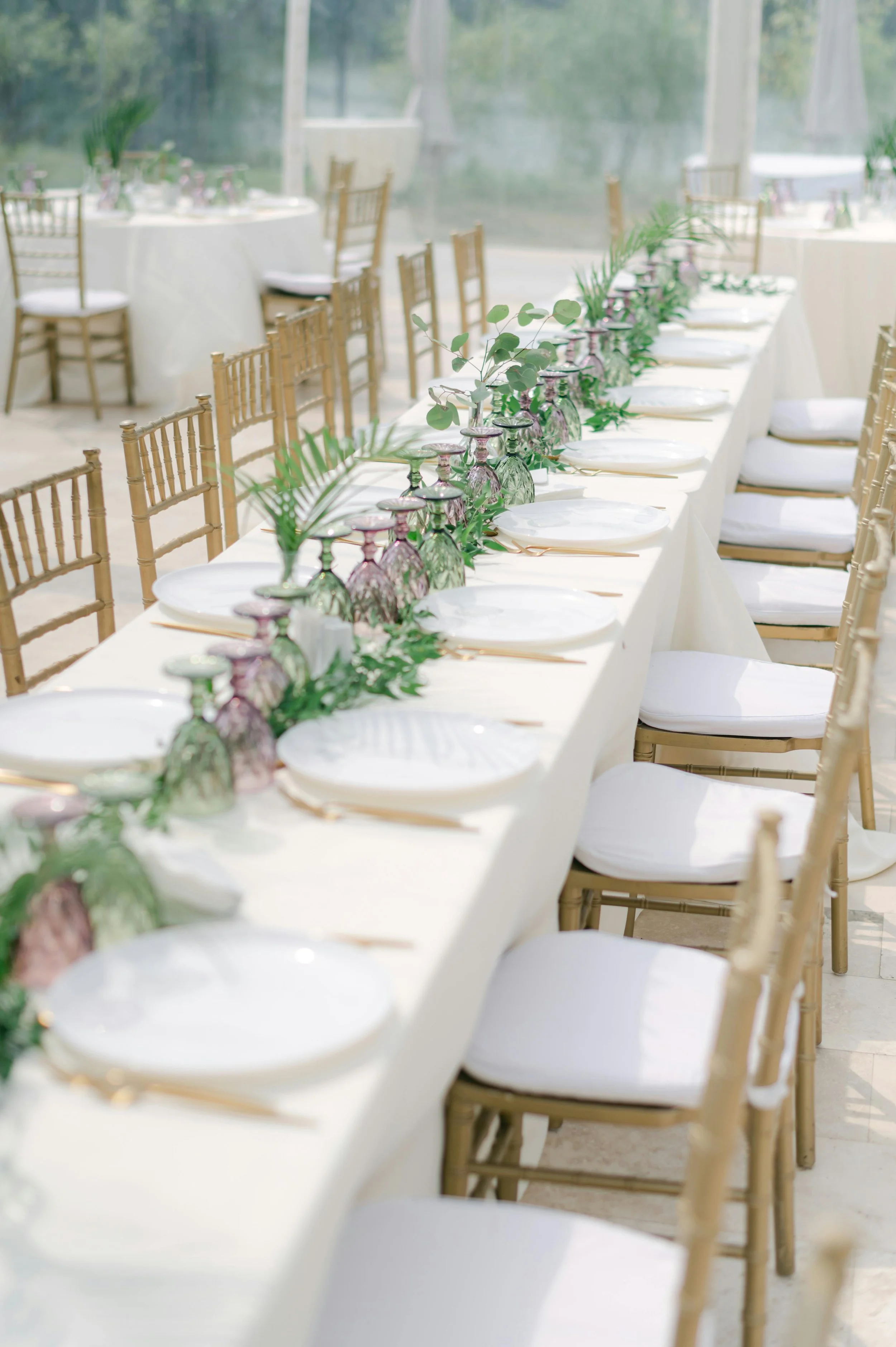 Elegant banquet table set with white plates, glass goblets, and green foliage, arranged indoors with chairs around the table.