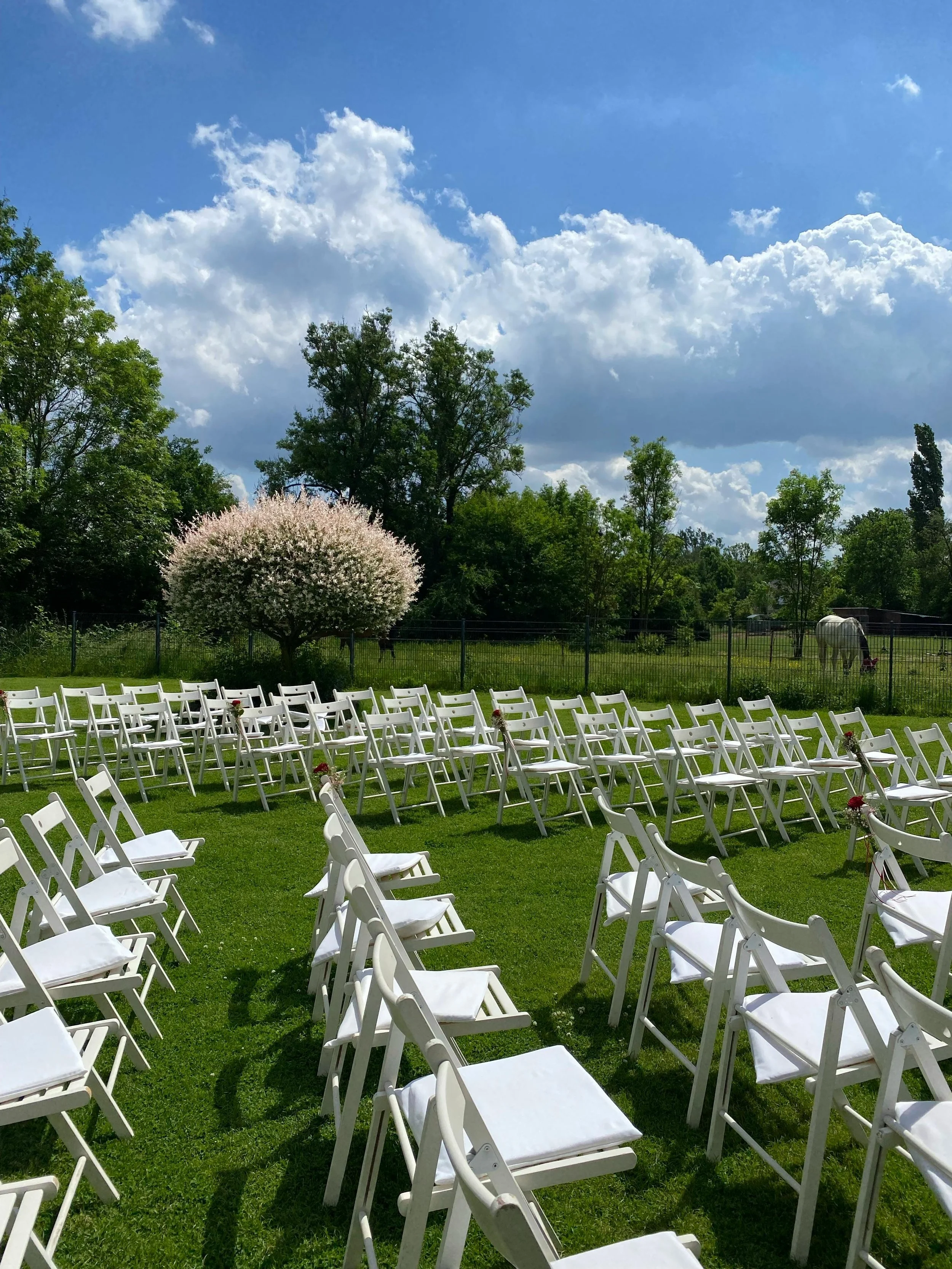 Outdoor Ceremony Setup | North Atlanta — White Resin Chairs