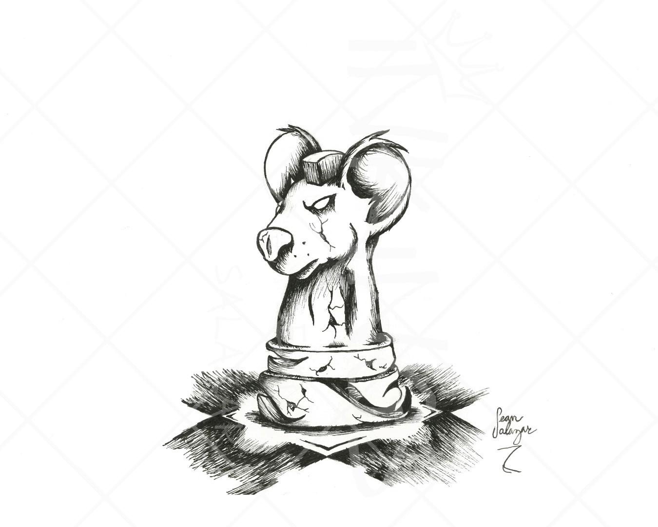 A black and white sketch of a chess piece with a mouse head, sitting on a cracked, broken piece of ground with shadows underneath. The artist's signature, 'Sean Salazar,' is in the bottom right corner.