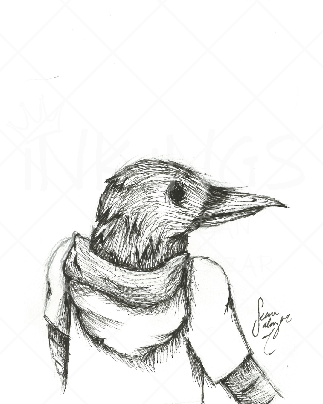 Sketch of a bird with a human body, wearing a hoodie, and signed by Sam Salazar.