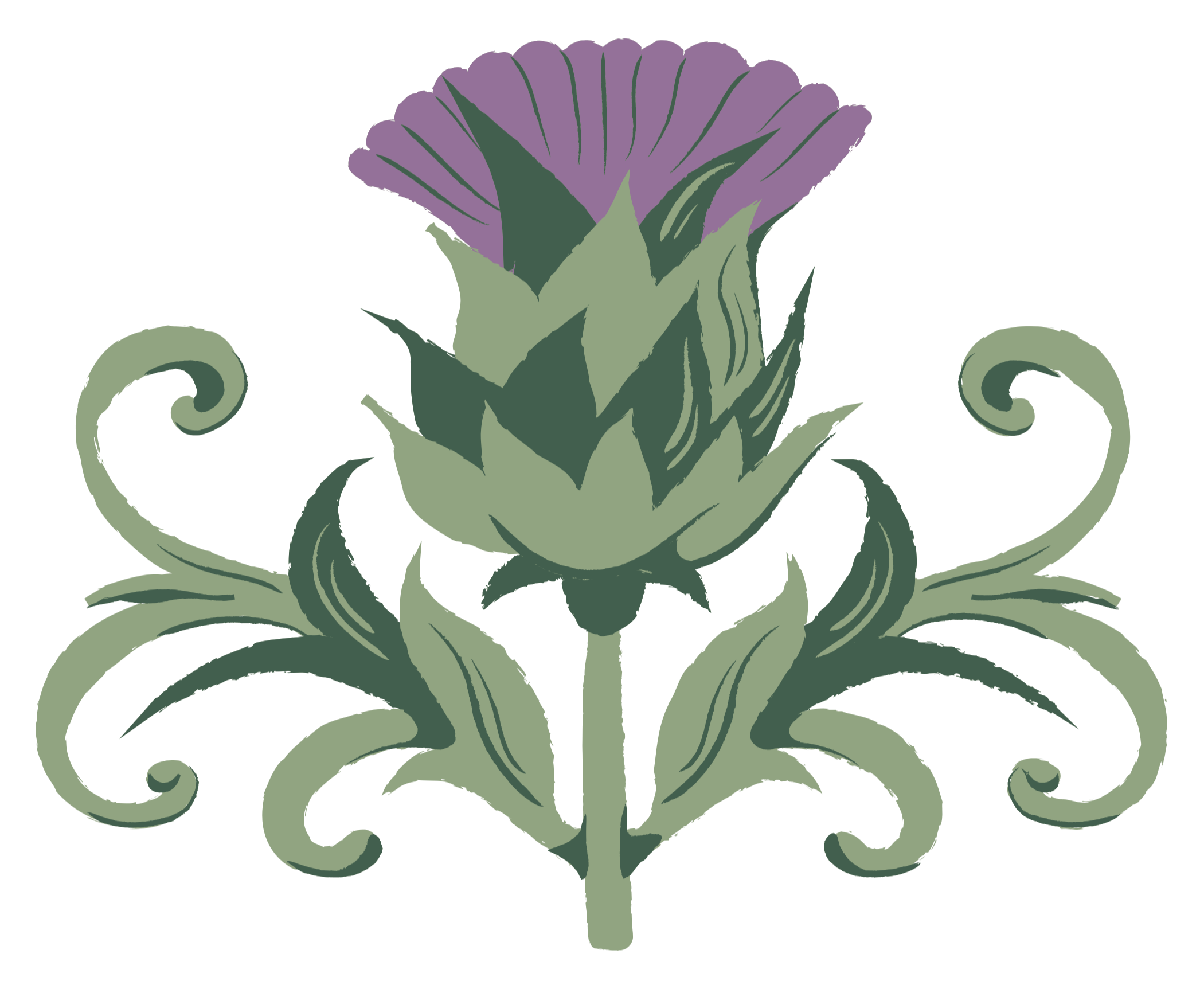 Illustration of a purple flower with green leaves and intricate decorative scrollwork surrounding it.