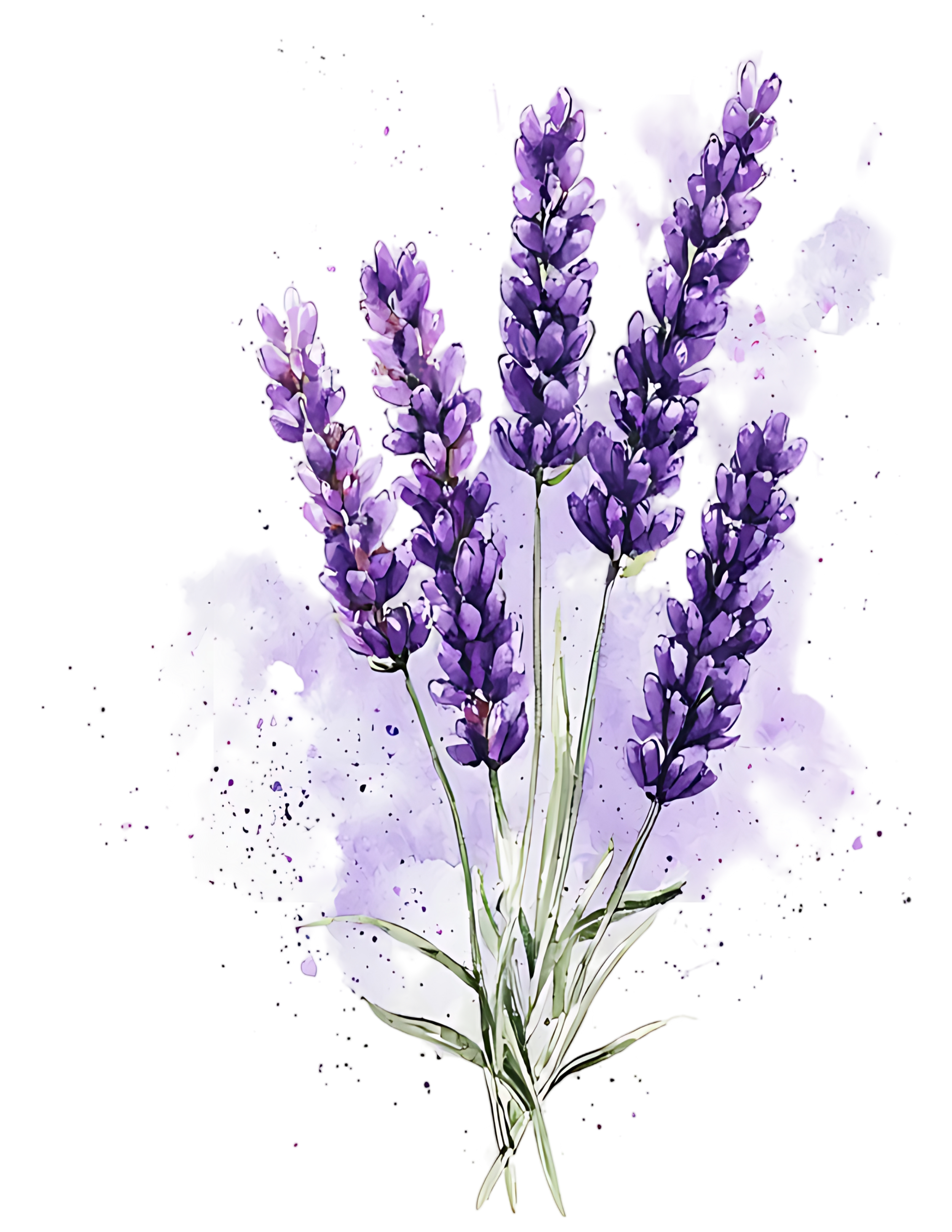 A digital illustration of lavender and light purple flowers with green stems and leaves, against a white background with paint splatters.