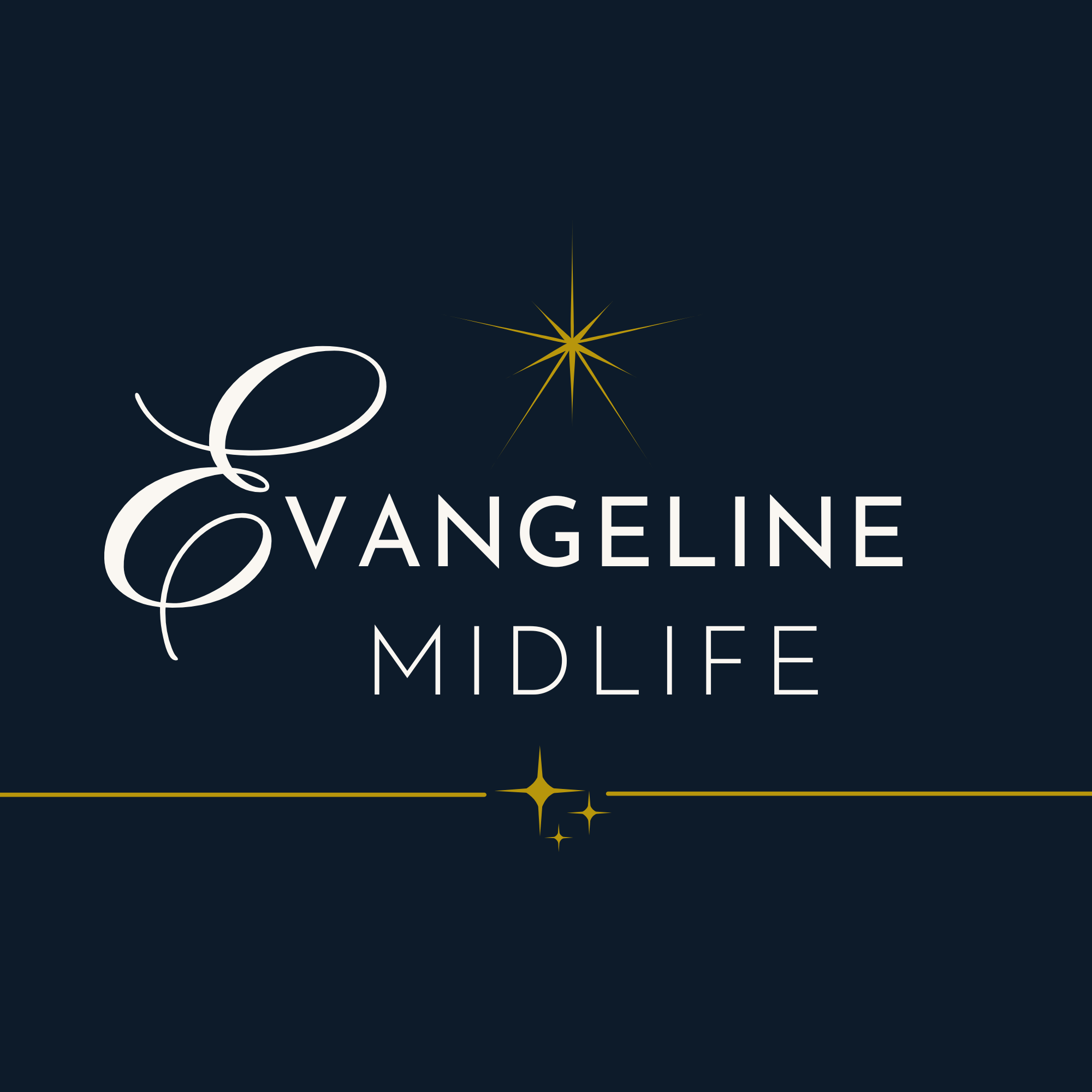 Navy blue background with gold and white text that says "EVANGELINE MIDLIFE" and a gold starburst design