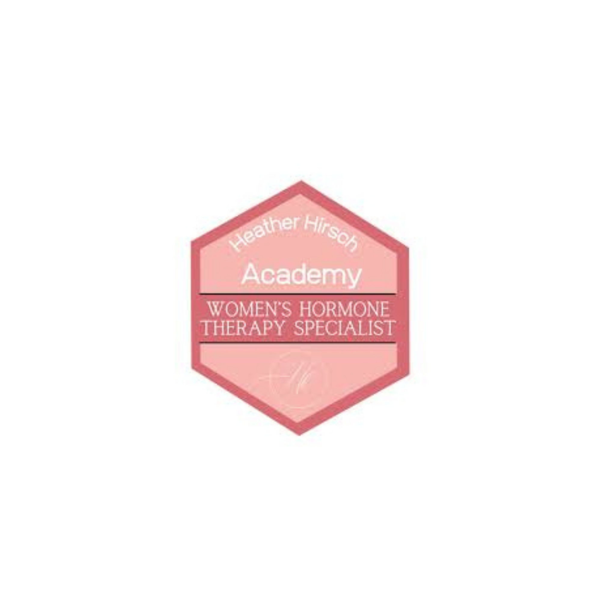 A logo for Heather Hirsch Women's Hormone Therapy Specialist at the Heather Hirsch Academy with pink and red colors and text in a hexagon shape.