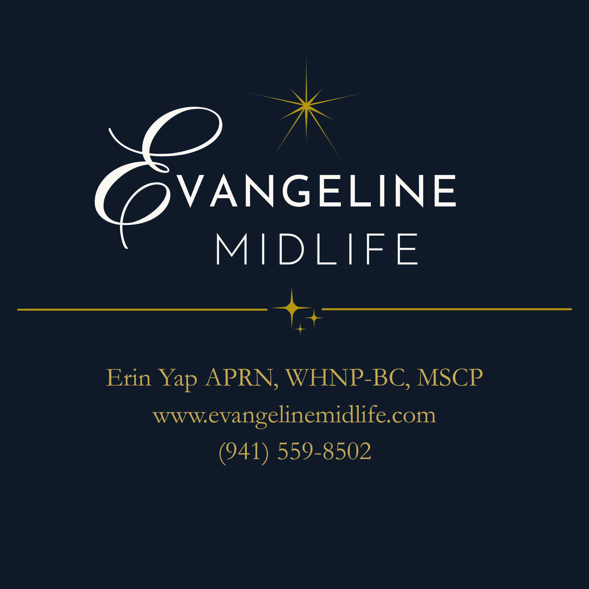 A digital business card for Evangeline Midlife features a dark background with gold and white text. It includes the name Erin Yap APRN, WHNP-BC, MSCP, and contact information with a website www.evangelinemidlife.com and phone number (941) 559-8502. There are decorative stars and lines.