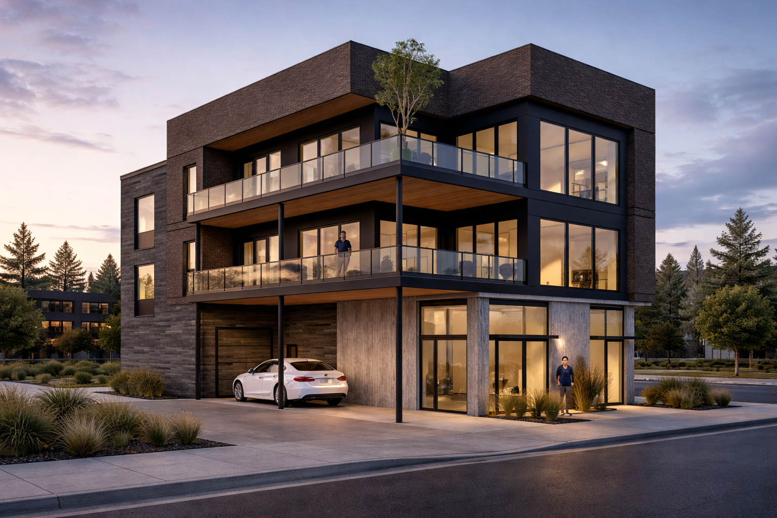 Luxury modern multifamily condos with wrap around decks, EV charging
