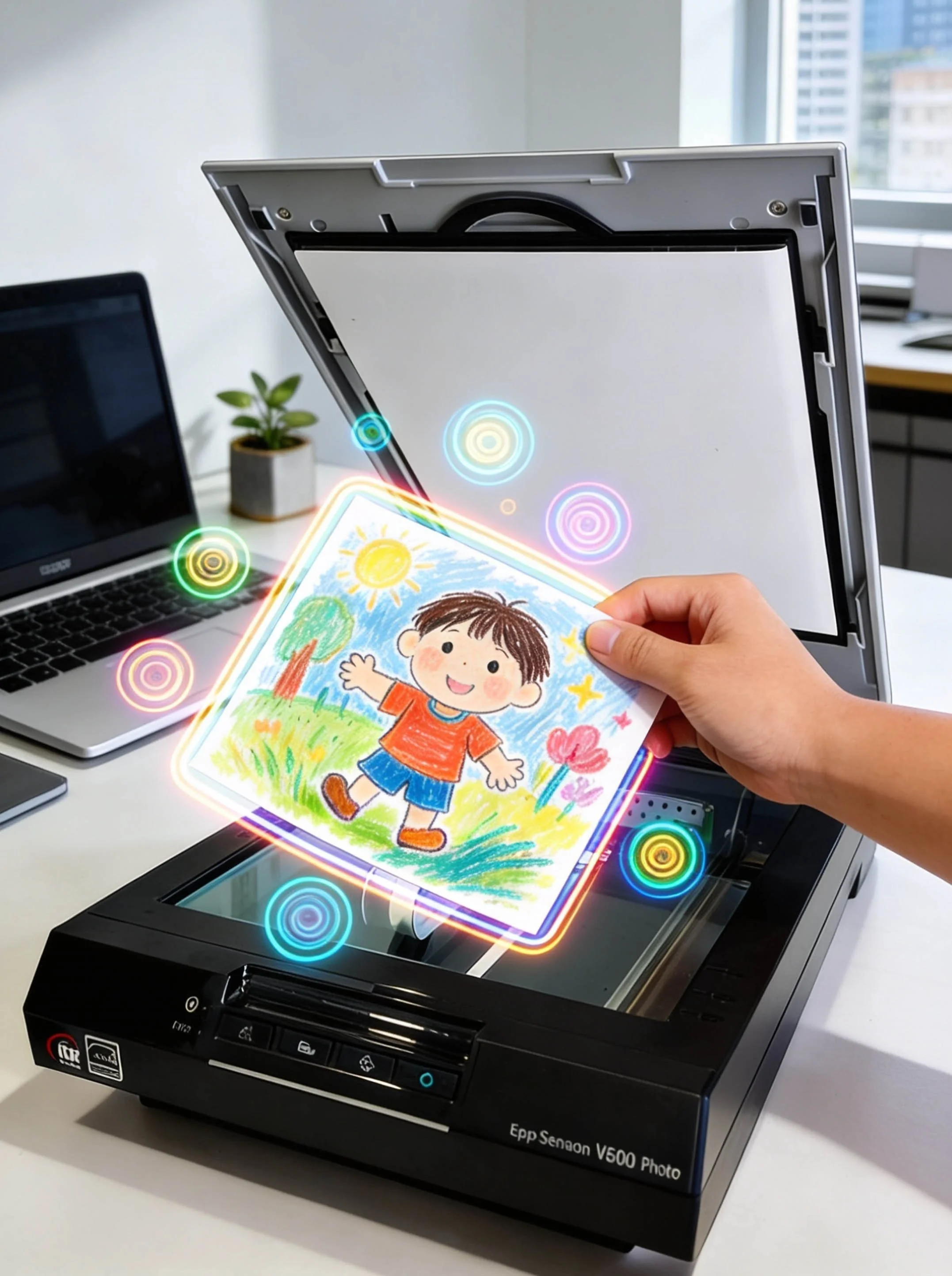 A person is scanning a colorful children's drawing of a smiling boy outside with a picture scanner on a desk in an office setting, with a laptop and small potted plant on the desk and a cityscape view outside the window.