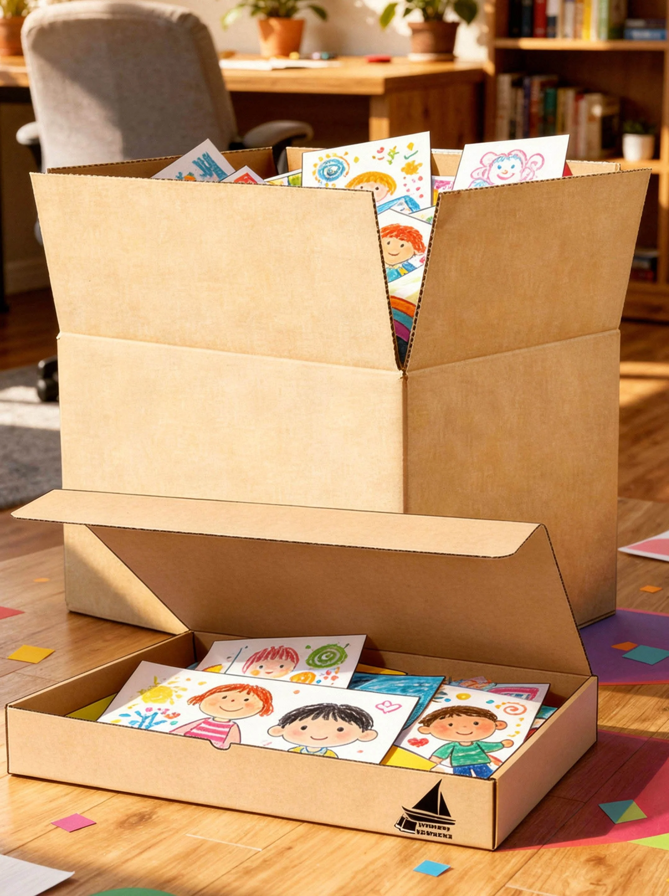 Colorful drawings of children on paper are inside and around an open cardboard box on a wooden table, with a background of a room containing a gray office chair, a wooden desk, potted plants, and a bookshelf.