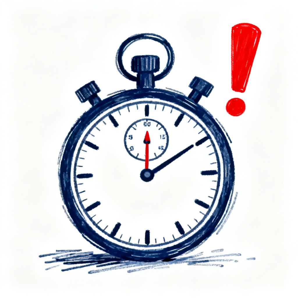 A drawing of a stopwatch with a red exclamation mark next to it.