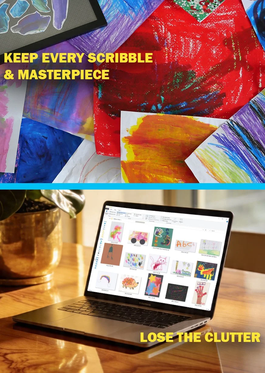 Top half shows various colorful children's artwork with the text 'Keep Every Scribble & Masterpiece' in yellow. Bottom half shows a laptop on a wooden table displaying digital images of children's artwork, with the text 'Lose the Clutter' in yellow.