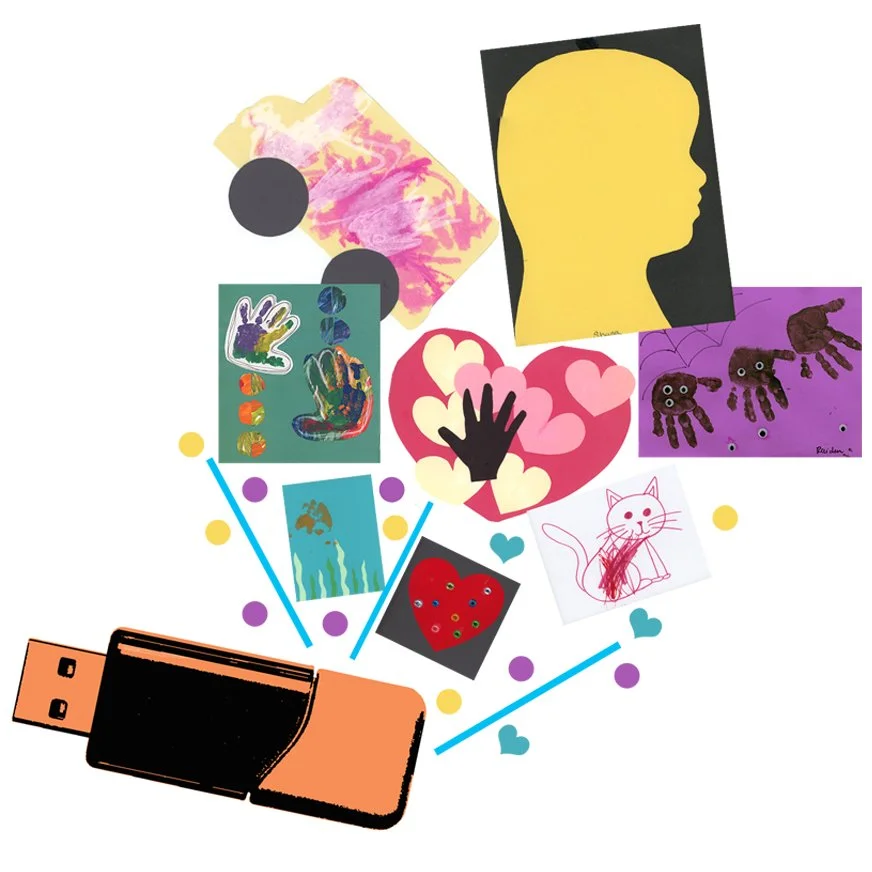 Collection of colorful drawings, paintings, and crafts scattered around a USB flash drive, including a yellow silhouette of a person's profile, a pink heart, a cat sketch, and various abstract and handmade art pieces.