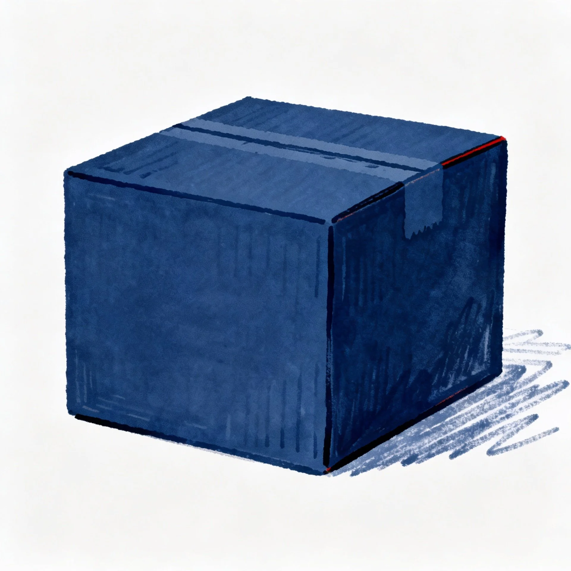 A 3D illustration of a blue cardboard box with black edges and red details on the seams.