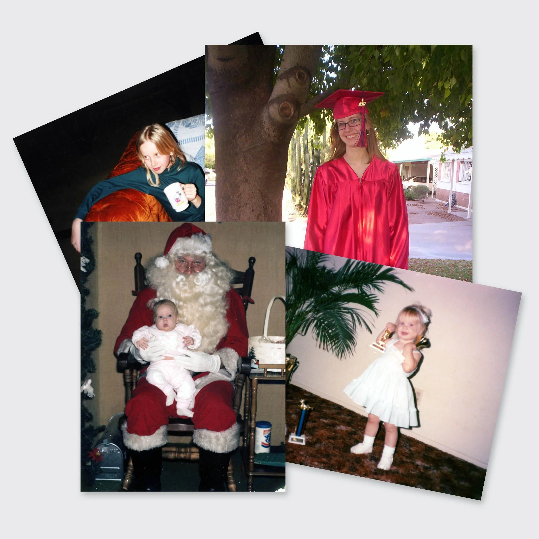 Collage of four vintage photos including a girl in a graduation cap, a baby sitting on Santa Claus' lap,  and a girl with a trophy, and a girl sitting on an orange couch drinking from a mug.