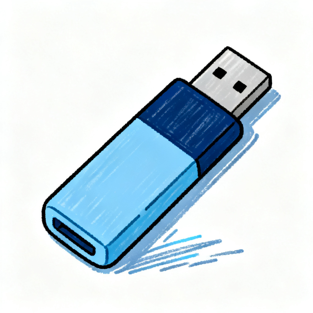 A hand-drawn illustration of a USB flash drive in shades of blue, with a metallic connector on one end.