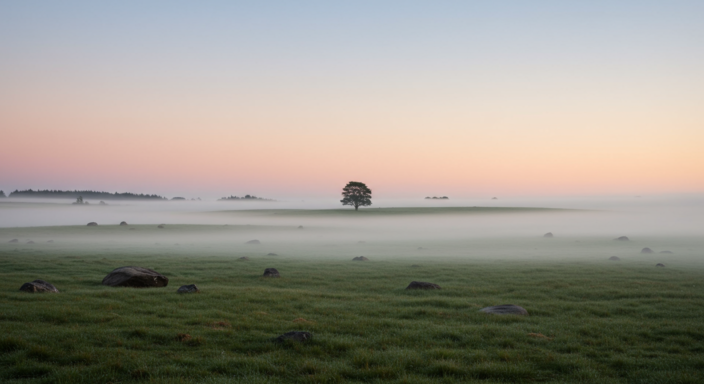 A solitary tree standing in a foggy, open grassy field during sunrise or sunset with a pastel-colored sky.
