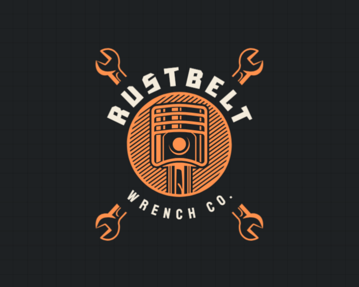 Logo for Rustbelt Wrench Co. featuring a piston in the center, surrounded by four orange wrench icons at the corners.