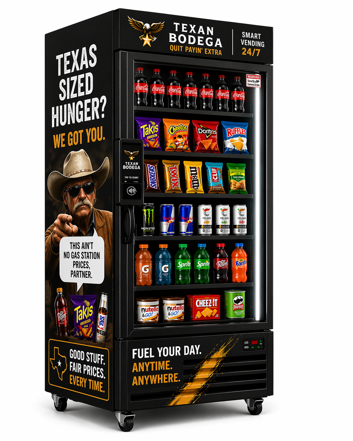 Vending machine with soft drinks, snacks, and energy drinks. Advertisment with cowboy image and Texas themes, featuring slogans about fair prices and fueling your day.