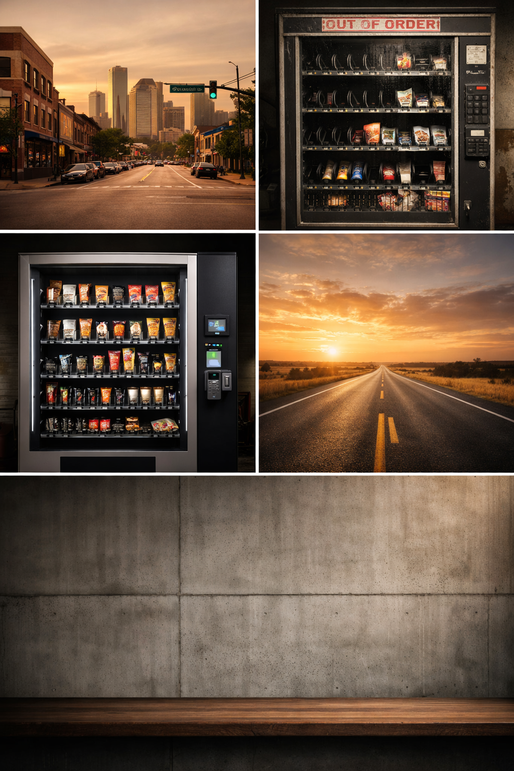 Images of a city street at sunset, two vending machines with snacks, an open road at sunset, and a plain concrete wall.