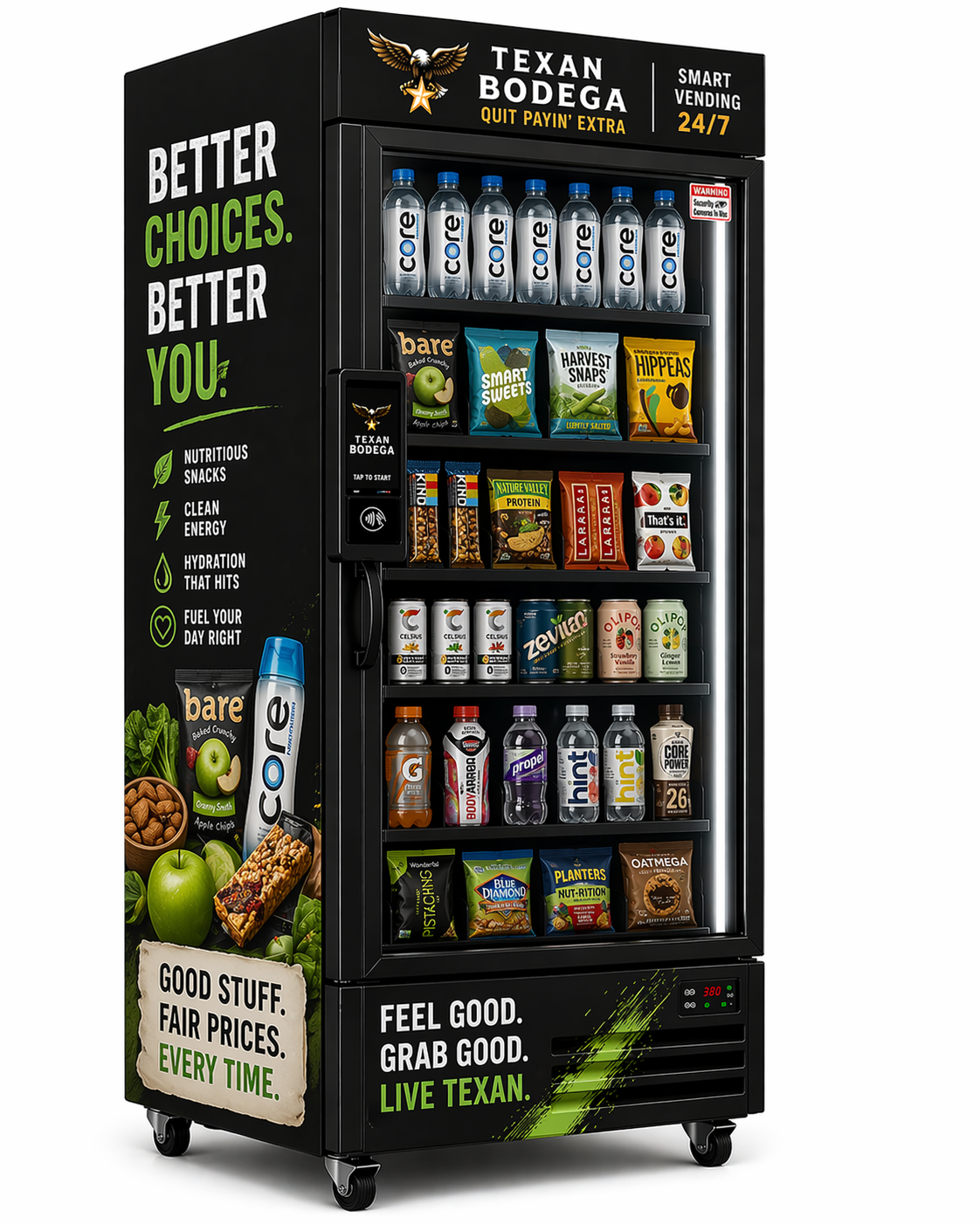 A vending machine labeled Texan Bodega with a black exterior and colorful snacks and beverages inside. It features a digital payment system, promotional slogans, and nutritional messaging on the side, emphasizing healthy, energizing options.