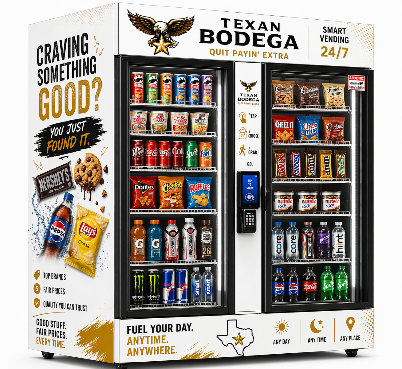 A vending machine featuring snacks and beverages with a Texas theme. On the left side, promotional text highlights top brands, fair prices, and quality, with images of cookies, soda, and chips. The vending machine offers 24/7 service, with steps for use: tap to start, choose, grab, go. There is an eagle logo at the top, and Texas-shaped icons indicating availability anytime, anywhere.
