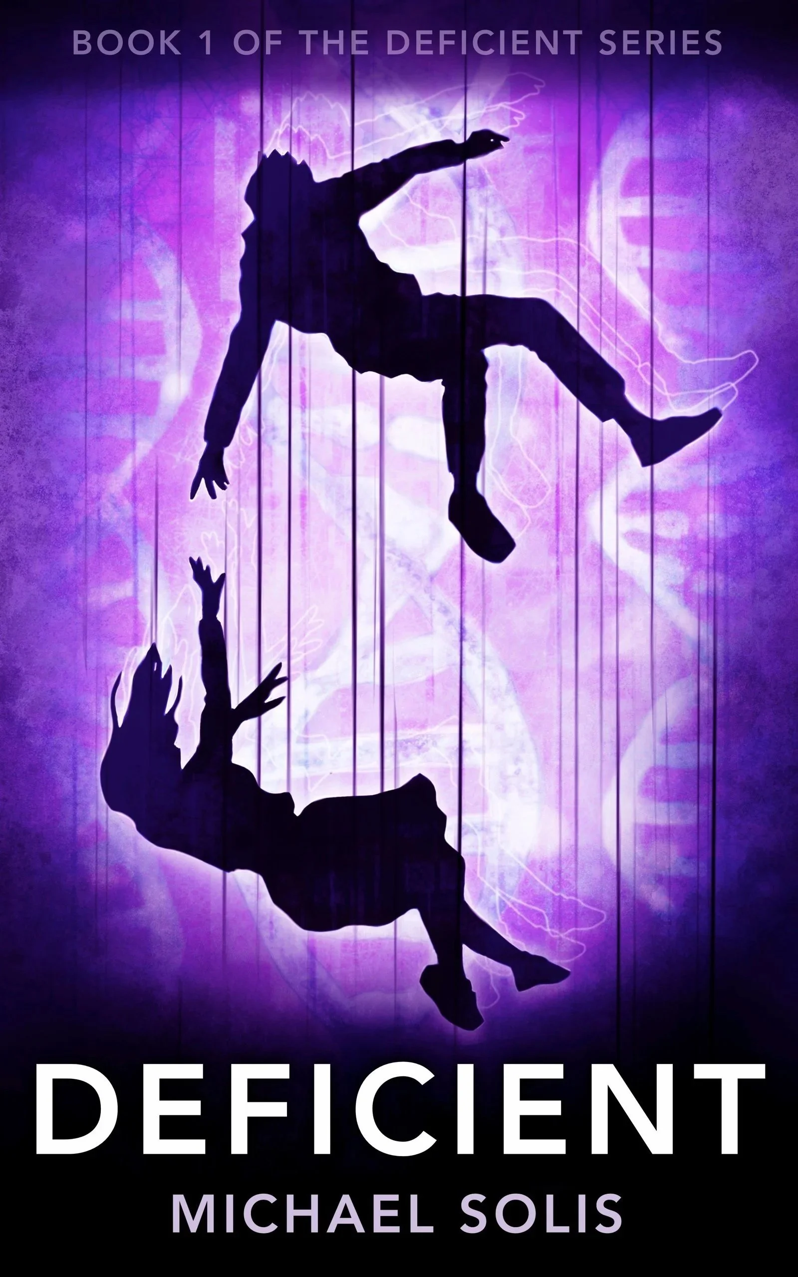 Cover of Deficient by Michael Solis featuring two falling silhouetted figures against a purple background with a DNA motif.