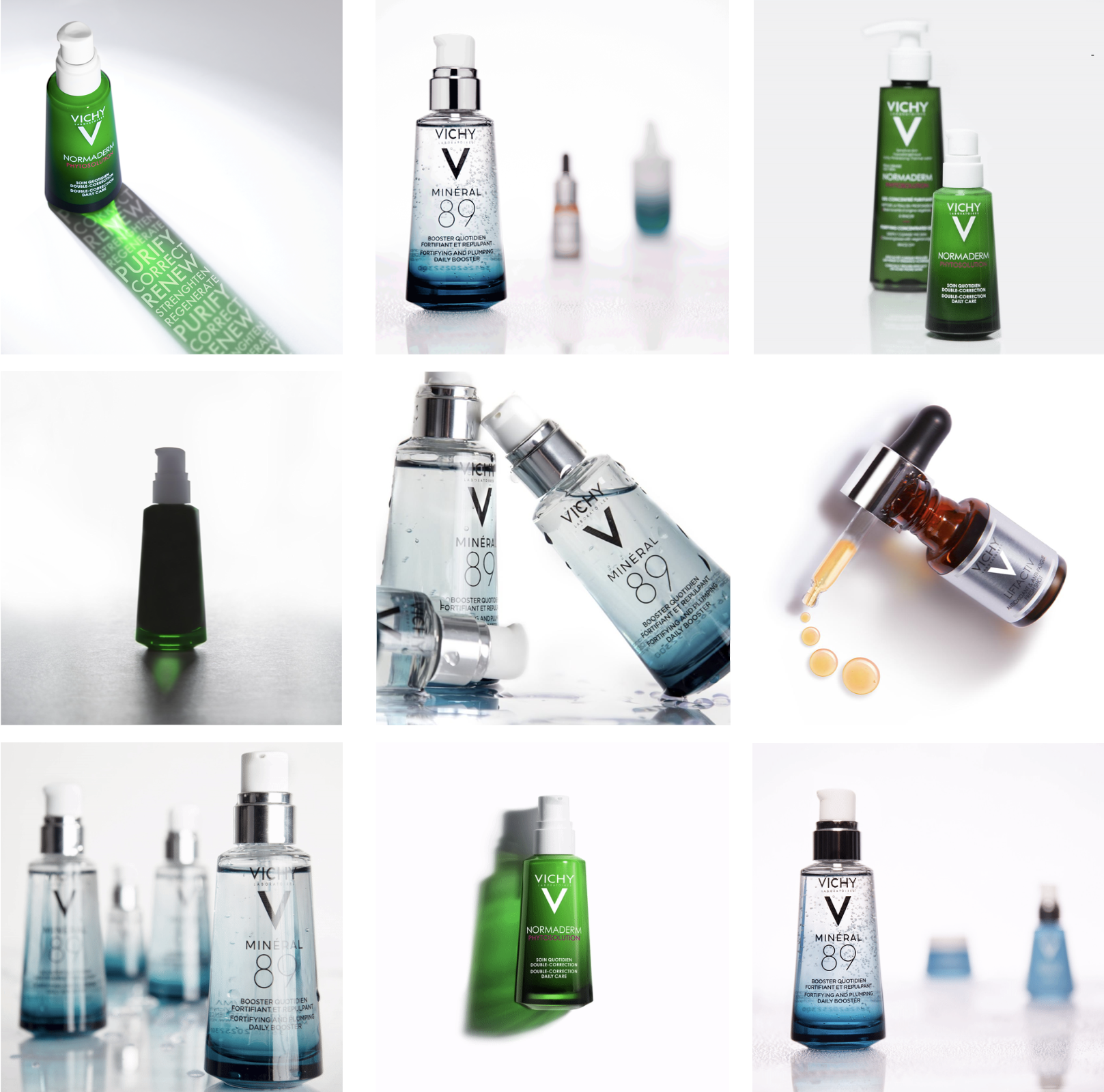Collection de produits de soin de la marque Vichy, notamment des sérums et des flacons pour la peau, avec des emballages verts, bleus et transparents, dans un style épuré et lumineux.