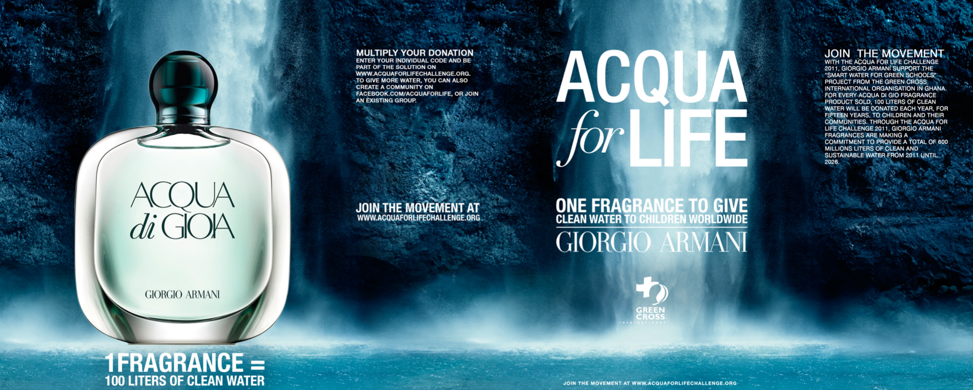 Publicité pour un parfum Giorgio Armani, mettant en avant une bouteille d'eau, un message de soutien à l'accès à l'eau potable pour les enfants par la fondation Green Cross, avec un texte sur la campagne de sensibilisation et de donation de l'eau.