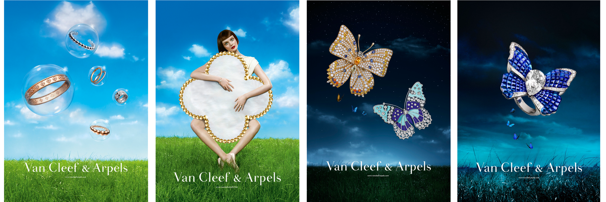 Quatre images de bijoux Van Cleef & Arpels avec un thème de nature et de ciel, incluant des bagues, des colliers, et des broches en forme de papillons et de fleurs, dans un décor de ciel bleu, coucher de soleil, et nuit étoilée.