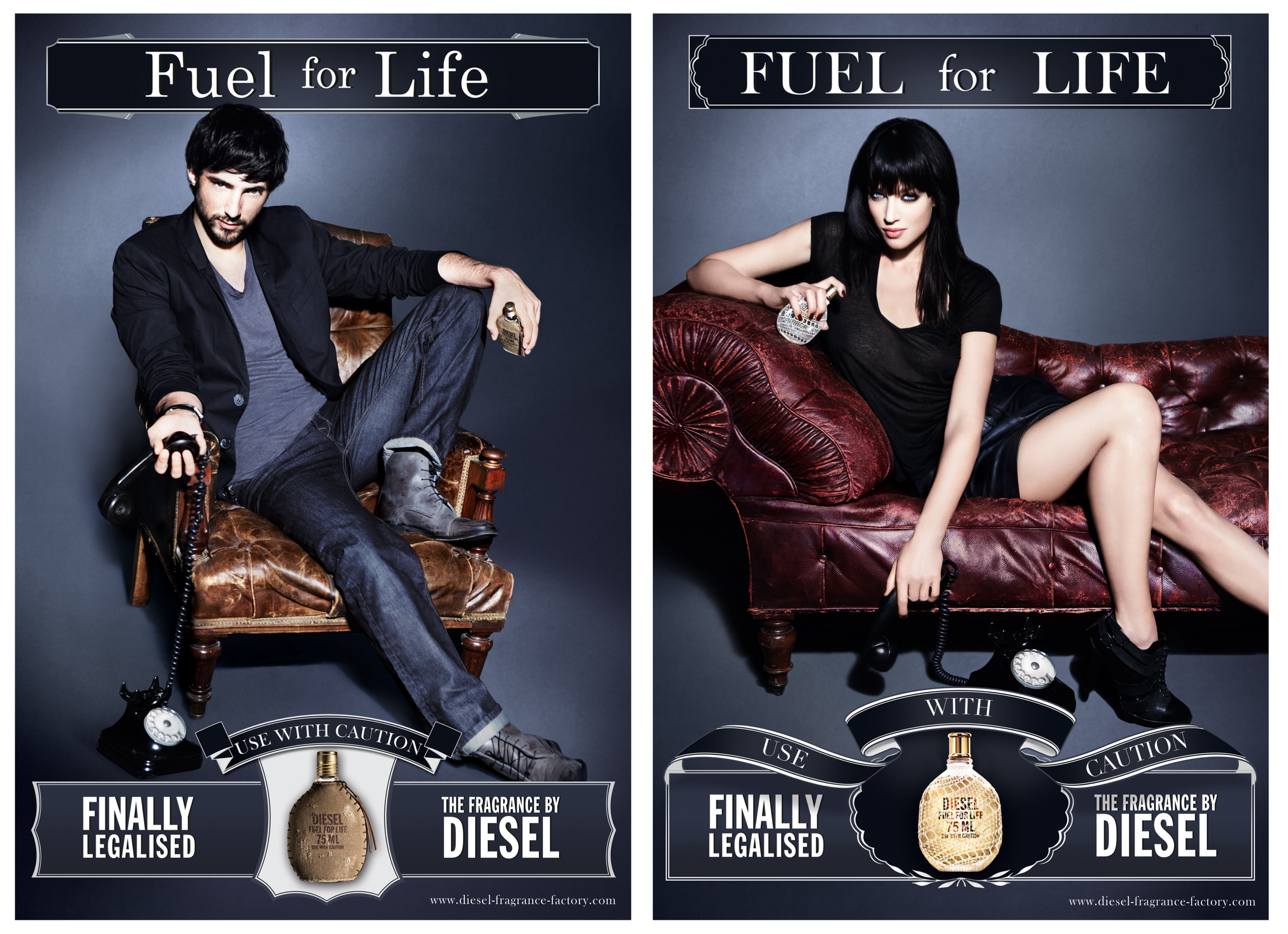 Deux affiches publicitaires pour des parfums Diesel, avec des modèles masculins et féminins assis sur des canapés en cuir, tenant un téléphone ancien, avec des textes indiquant 'Fuel for Life', 'Finally legally', et des bouteilles de parfum Diesel.