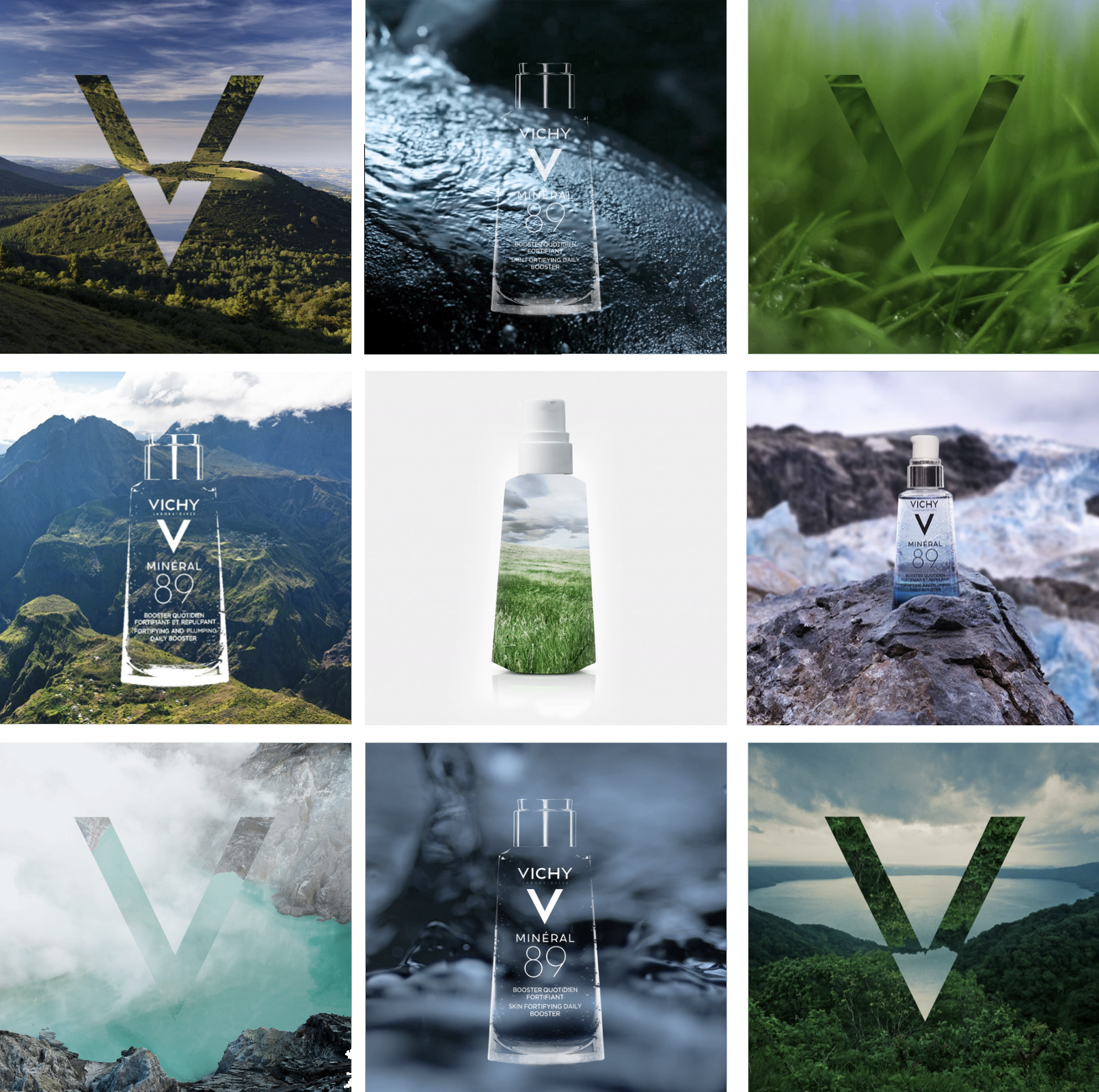 Collage de différentes images de nature, de montagnes, de forêts, de rivières, avec un flacon de produit Vichy Minéral 89 en centre.