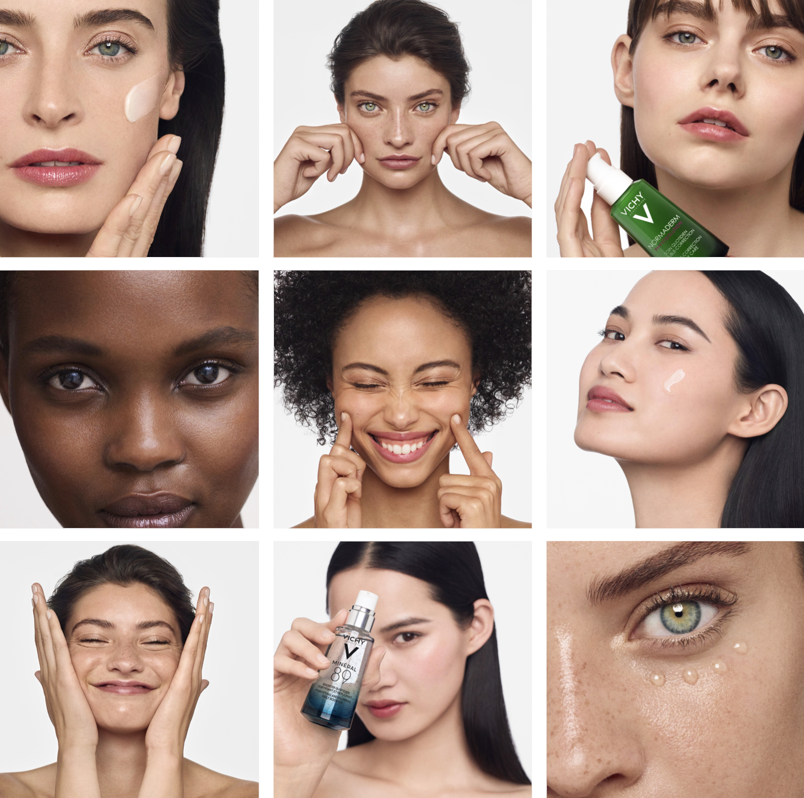 Collage de différentes femmes utilisant des produits de soin pour la peau. Femmes avec diverses expressions faciales, certaines appliquant de la crème, d'autres avec un sourire ou en train de se détendre, mettant en valeur leur peau claire, foncée, ou mate.