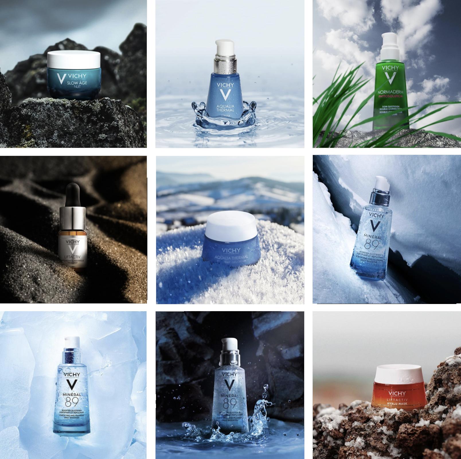 Collection de produits de soin Vichy, incluant des crèmes, des sérums et des gels, présentés dans des environnements naturels variés tels que la neige, l'eau, la roche et le sol désertique.