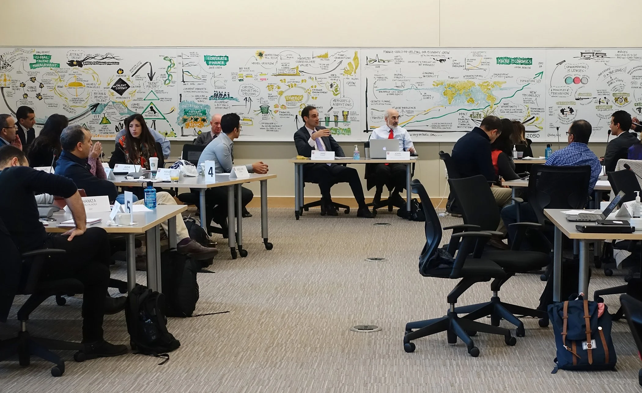 Figure 33: Learning. These drawings (one-third of the complete drawing, which wrapped around the entire room) helped a group track key concepts over five intensive days of learning at an Executive Education program. Dry-erase ink on whiteboard, 4’h x