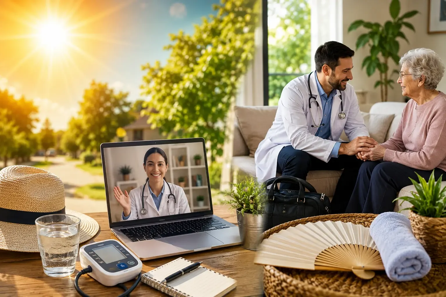 Doctor providing telemedicine and house call care for chronic conditions during summer in Maryland